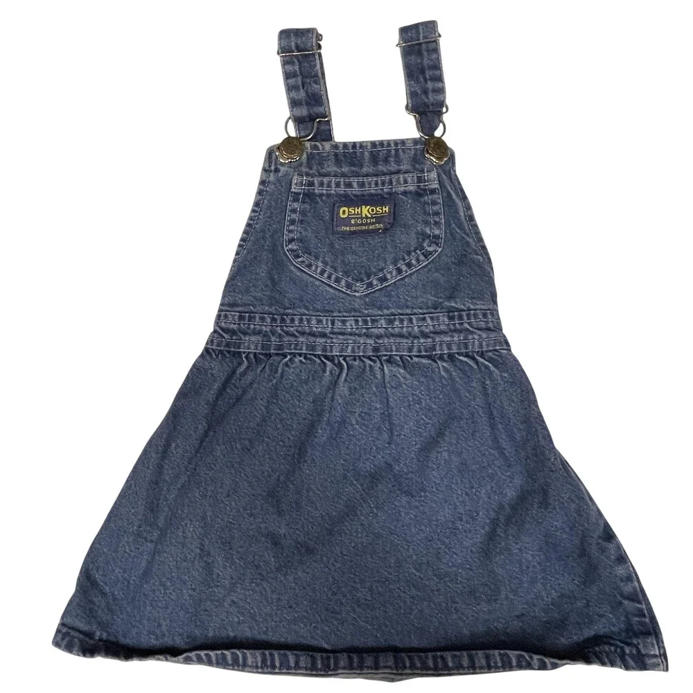 Vintage OshKosh B'Gosh Denim Overall Dress Jumper Girls 3T Blue Made USA 90s